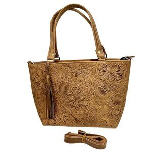 Elegant Floral Embossed Brown Tote Bag